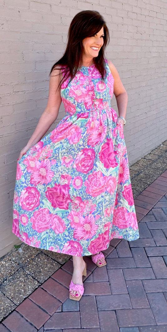 Pink Floral Sleeveless Midi Dress