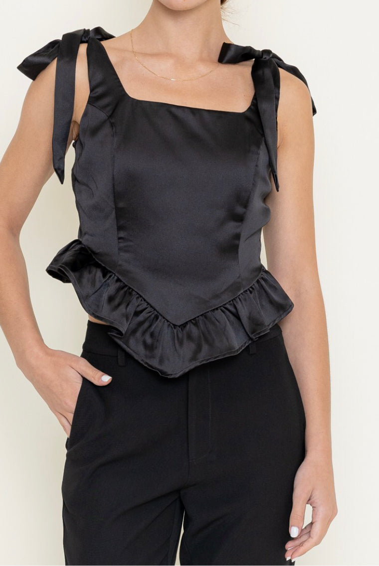 Black Satin Tie Top