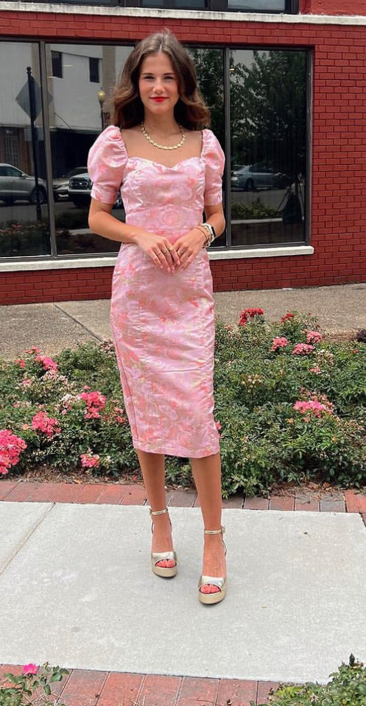 Rose Floral Jacquard Cap Sleeve Midi Dress