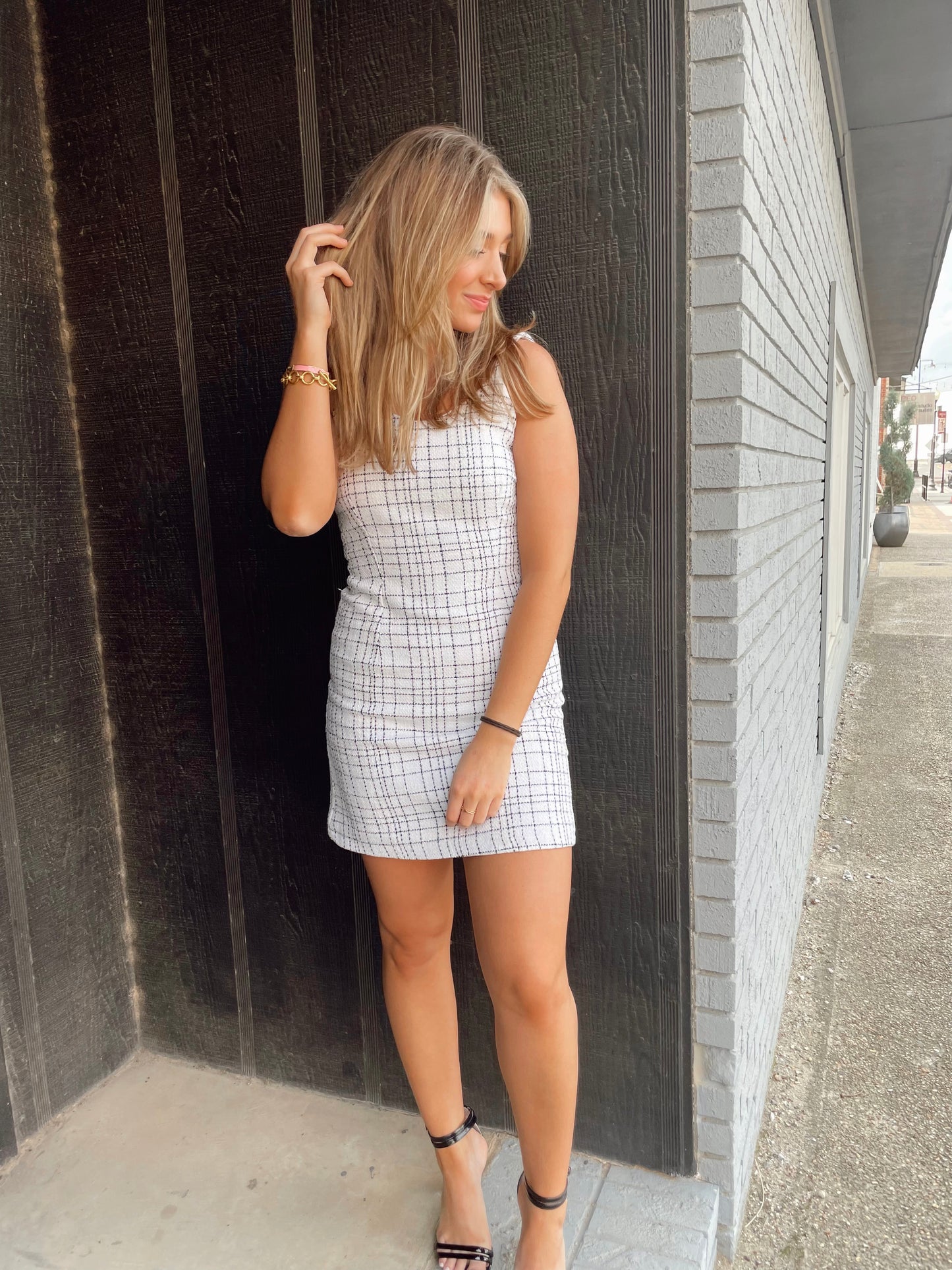 White/Black Tweed Cami Woven Dress