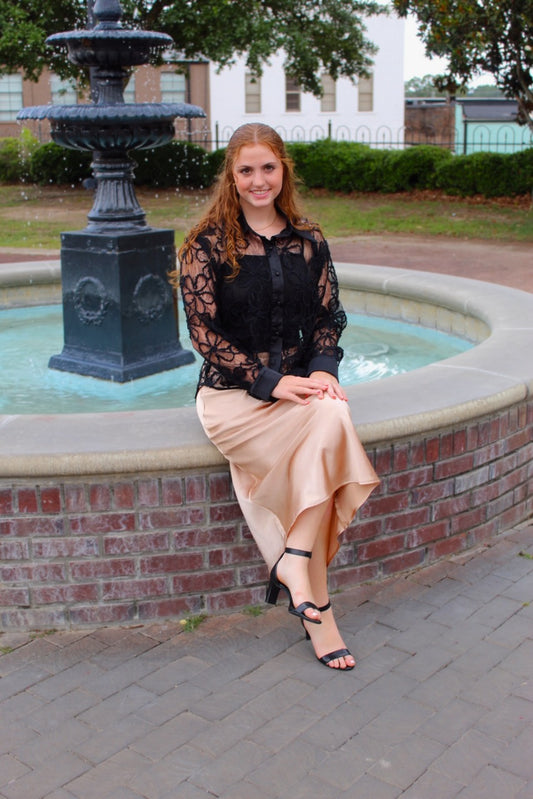 Shimmering in Sheer Black Top