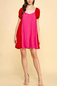 Pink & Red Blocked & Pleated Dress