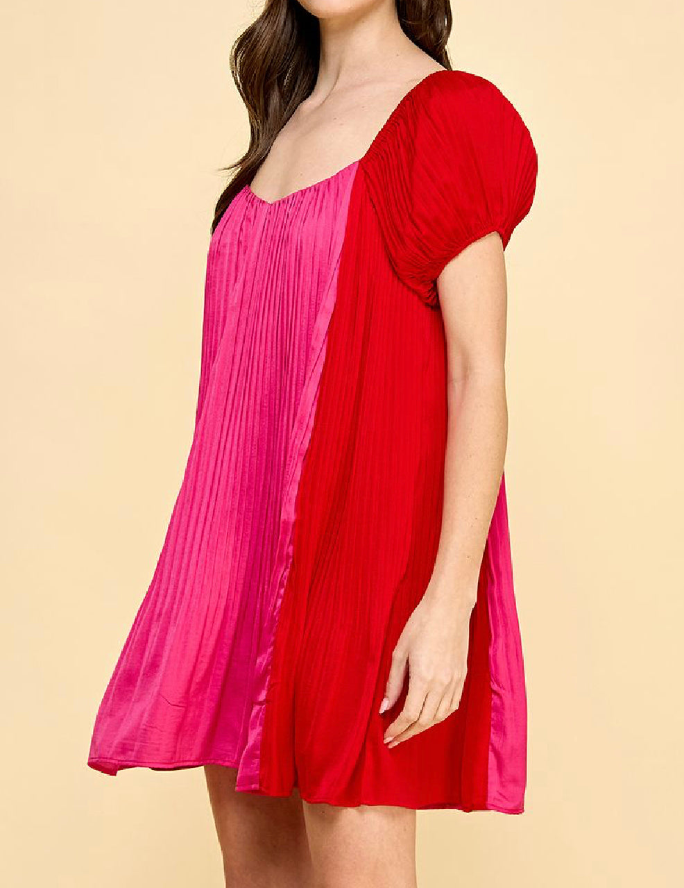 Pink & Red Blocked & Pleated Dress