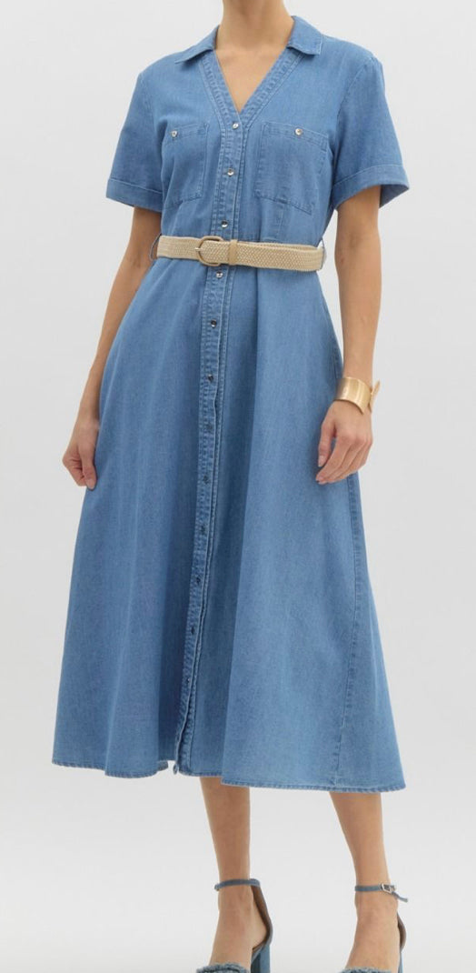 Charming in Denim Button Up Dress