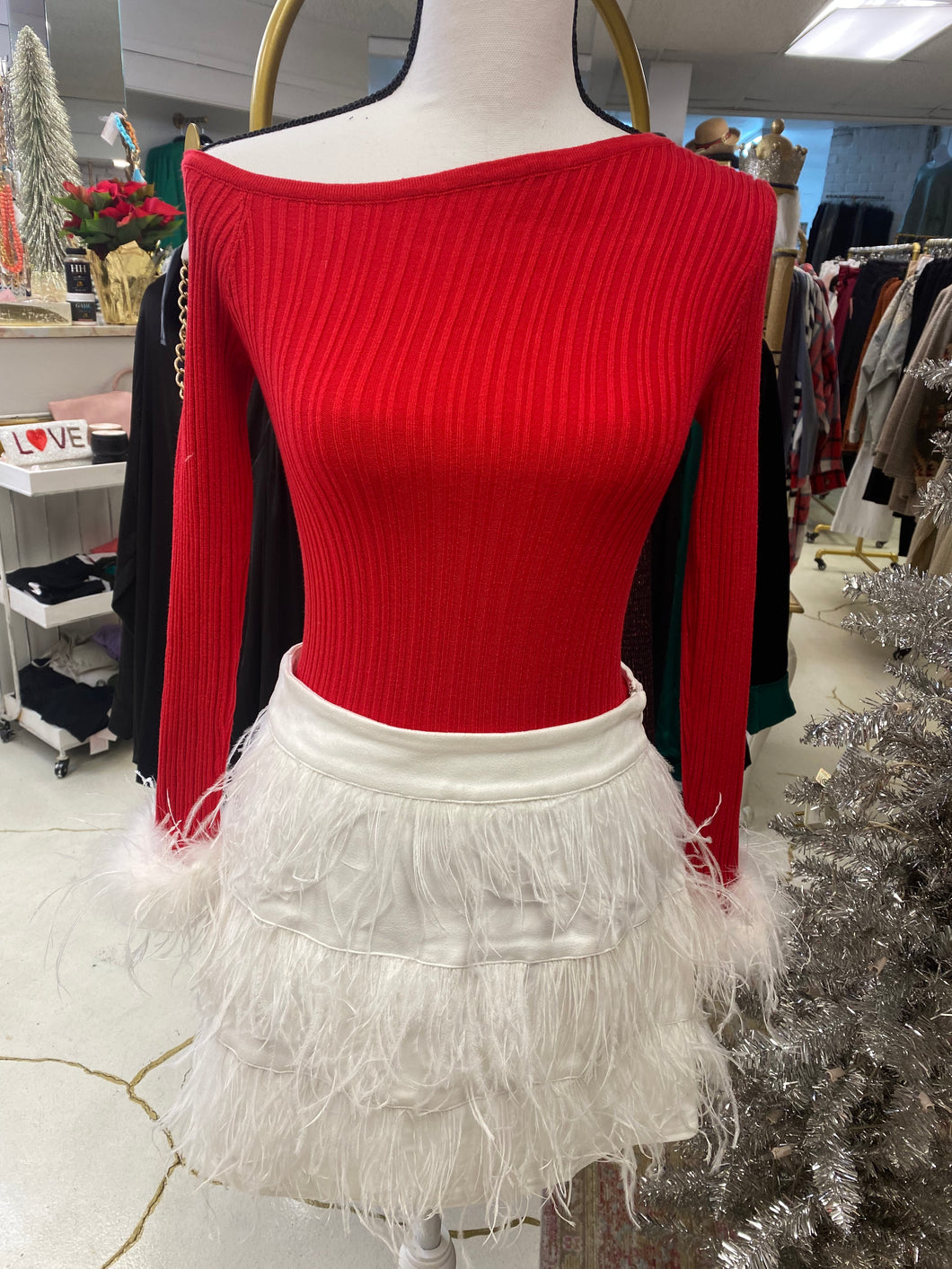 Red & White Feather Cuff Top