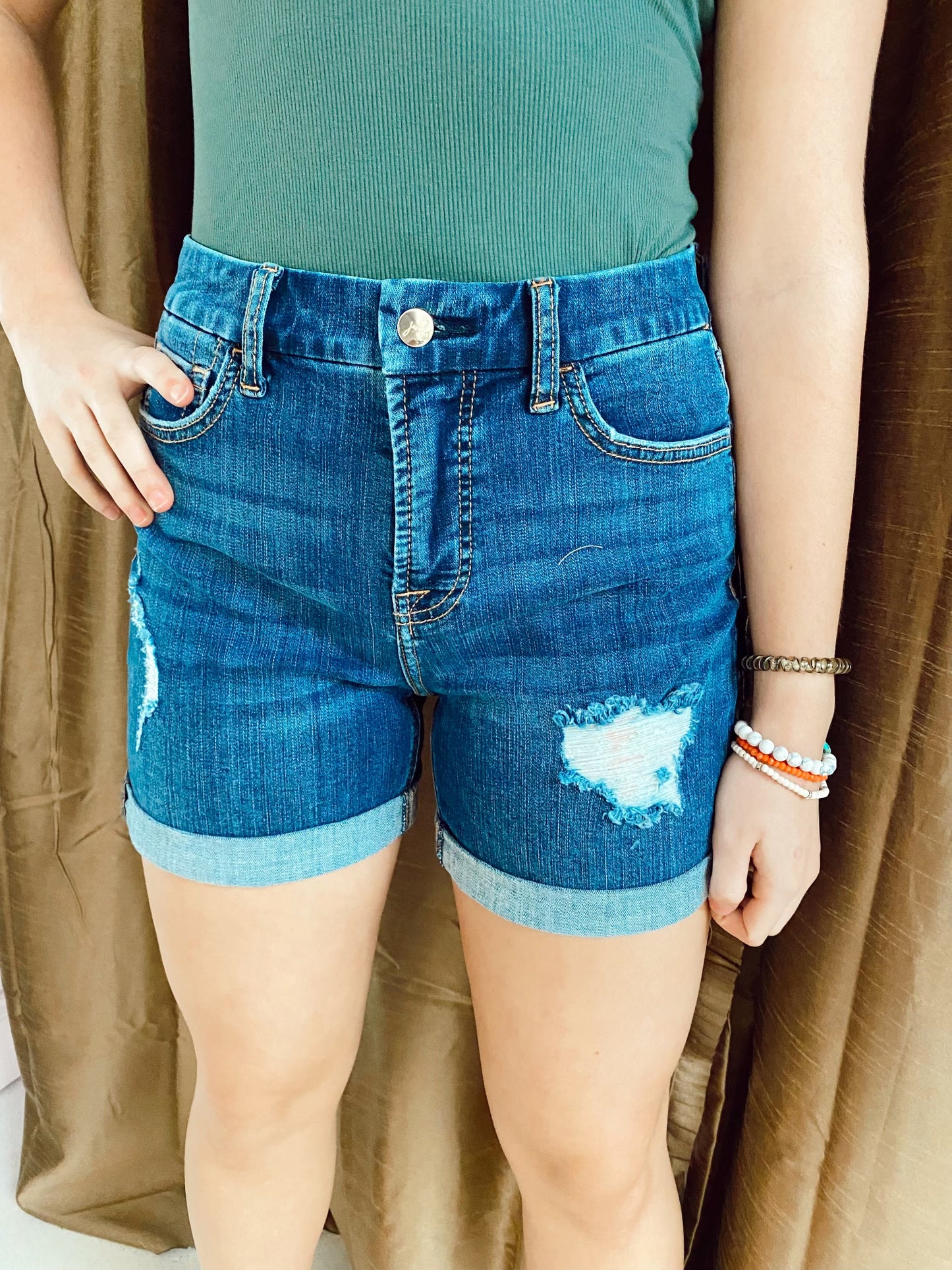 Mid Rise Stretch Distressed Cuffed Shorts