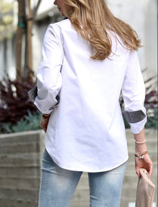 White Button Denim Contrast Top