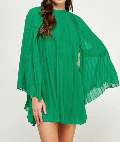 Emerald Pleated Chiffon Cape Dress
